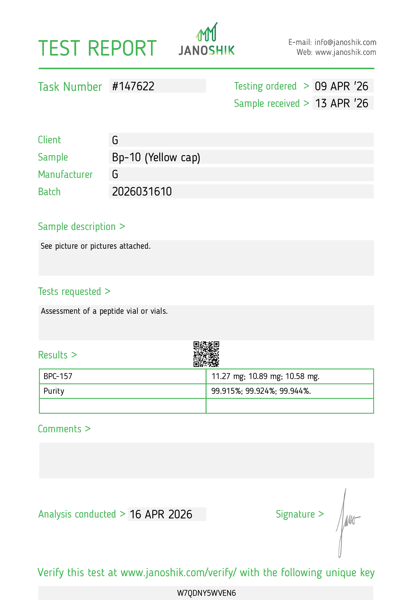 CoA · BPC-157 10mg · Lot 2026031610