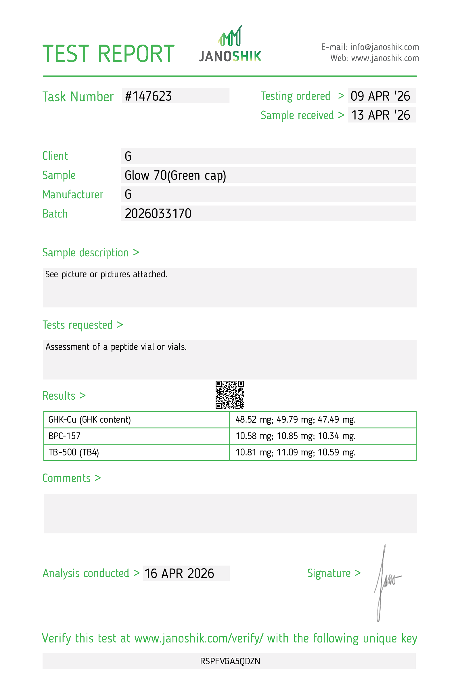CoA · GLOW 70mg · Lot 2026033170