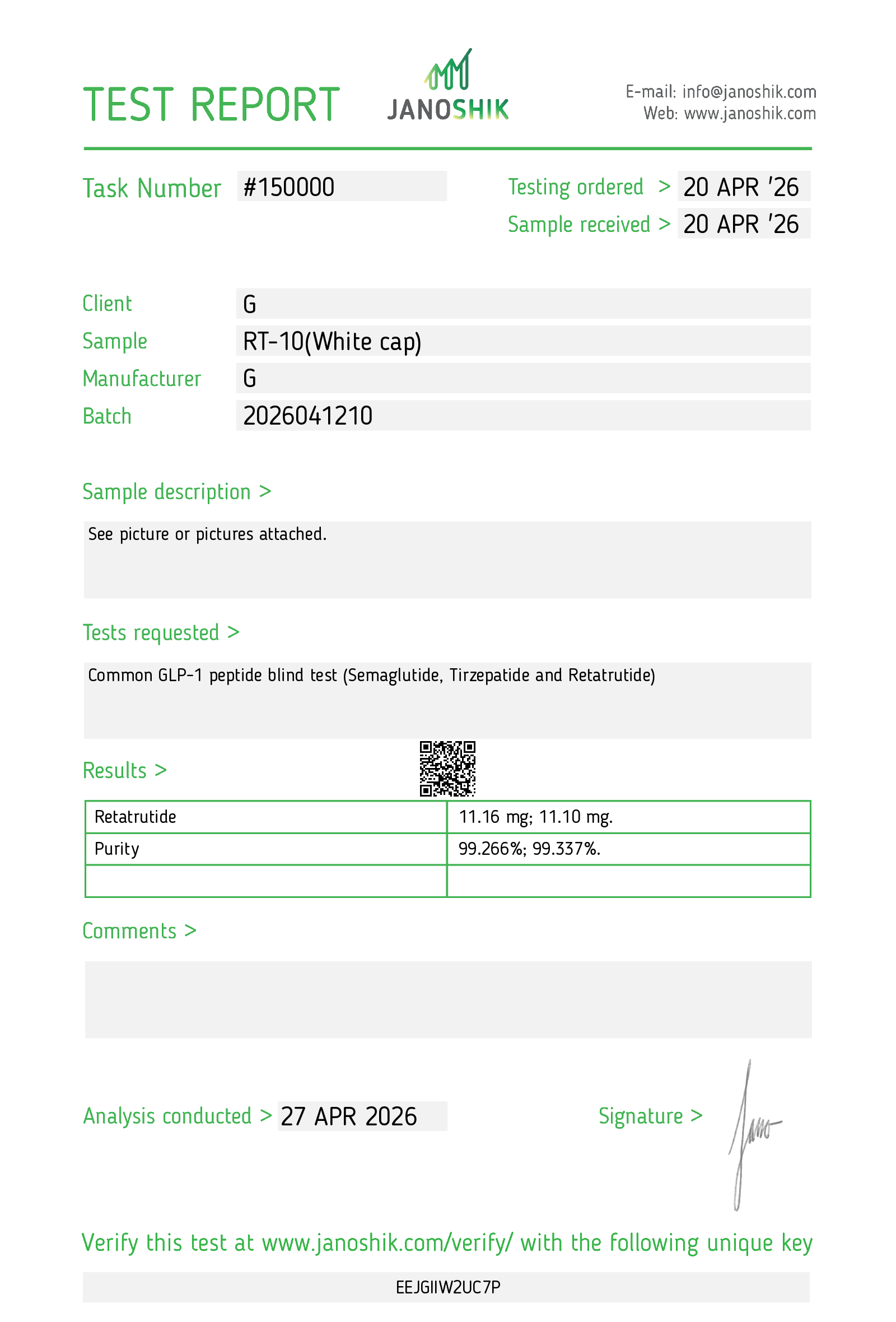 CoA · GLP-3 RT 10mg · Lot 2026041210