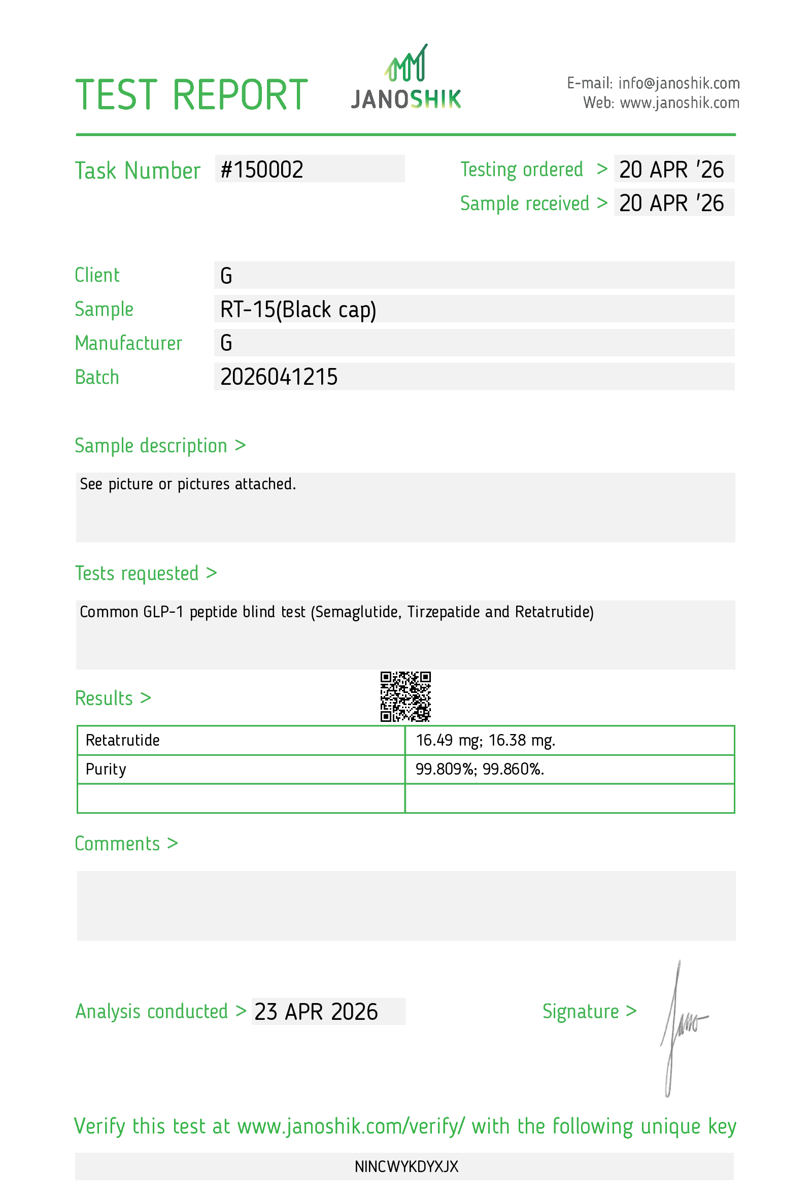 CoA · GLP-3 RT 15mg · Lot 2026041215