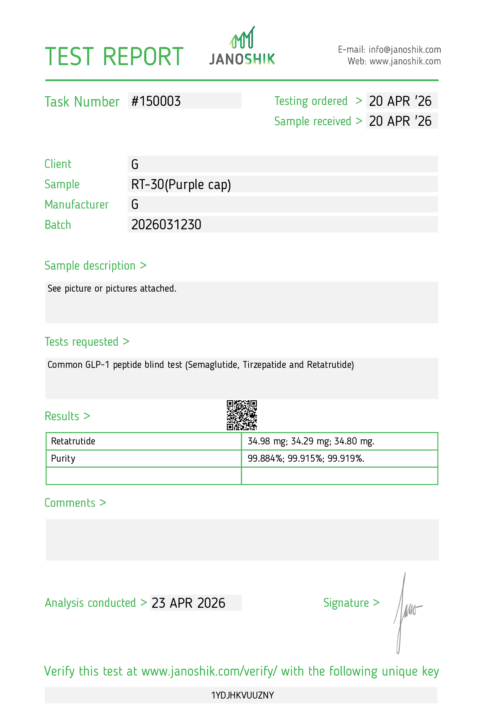 CoA · GLP-3 RT 30mg · Lot 2026031230