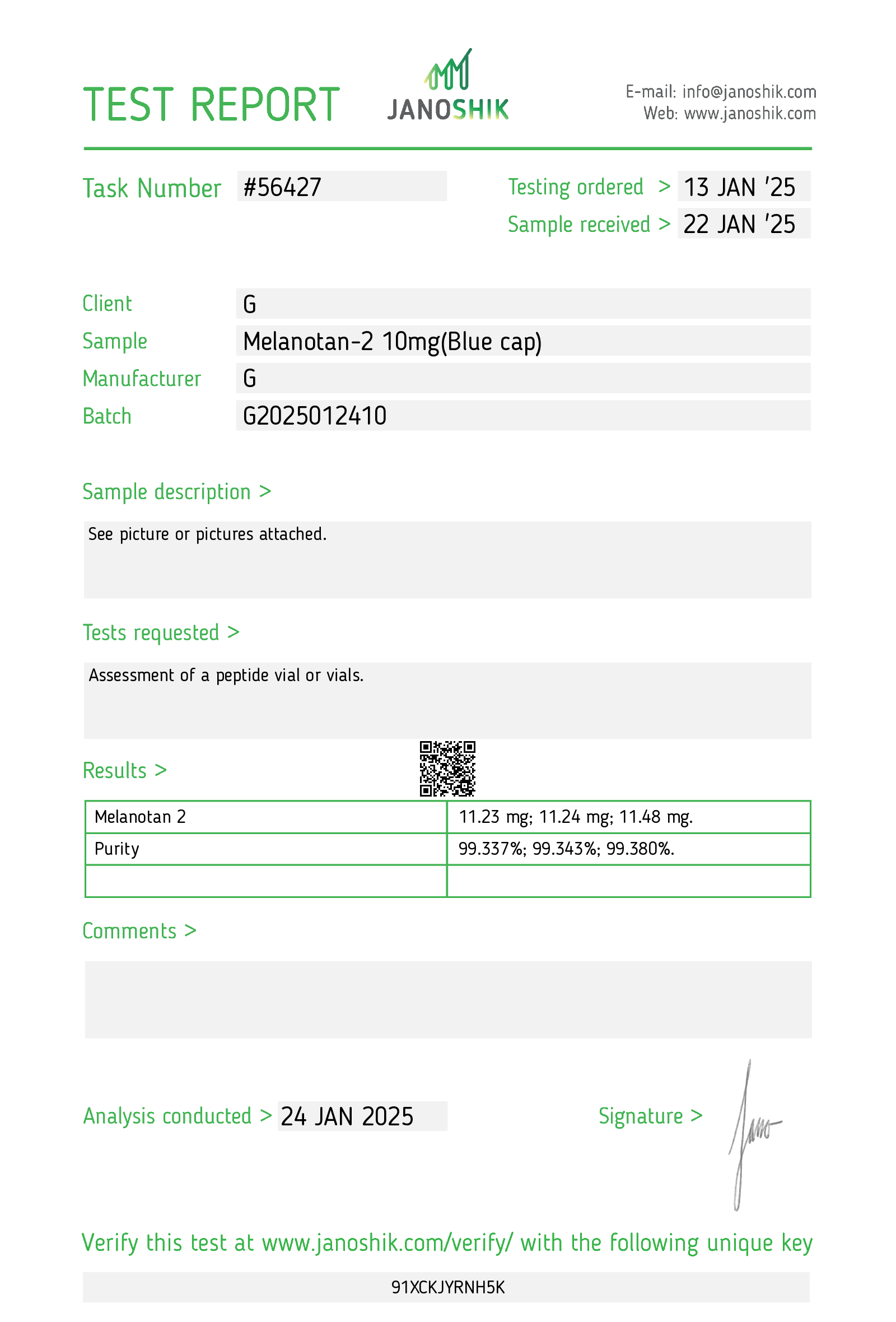 CoA · MT-2 10mg · Lot G2025012410