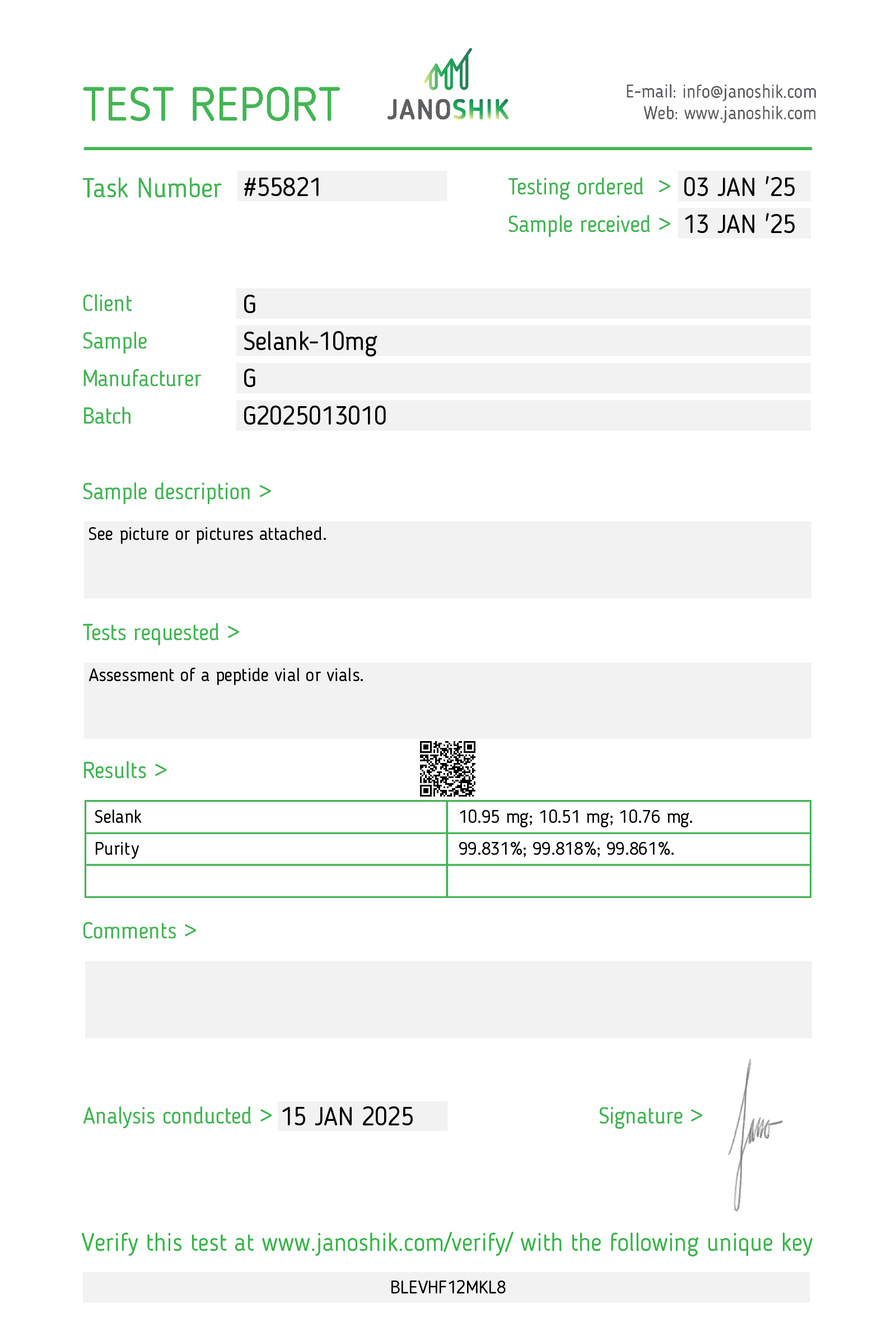 CoA · Selank 10mg · Lot G2025013010